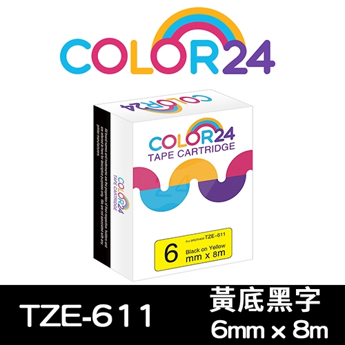 【COLOR24】for Brother TZ-611 / TZE-611 黃底黑字相容標籤帶(寬度6mm)