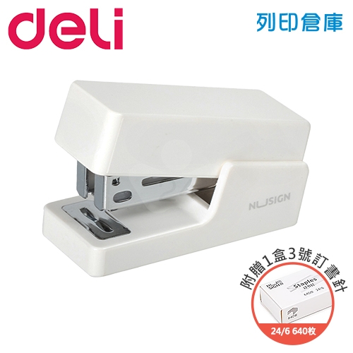 Deli 得力 ENS083 3號機 迷你釘書機(附 24/6 3號釘書針1盒)  訂書機 騎馬釘裝 白色(個)