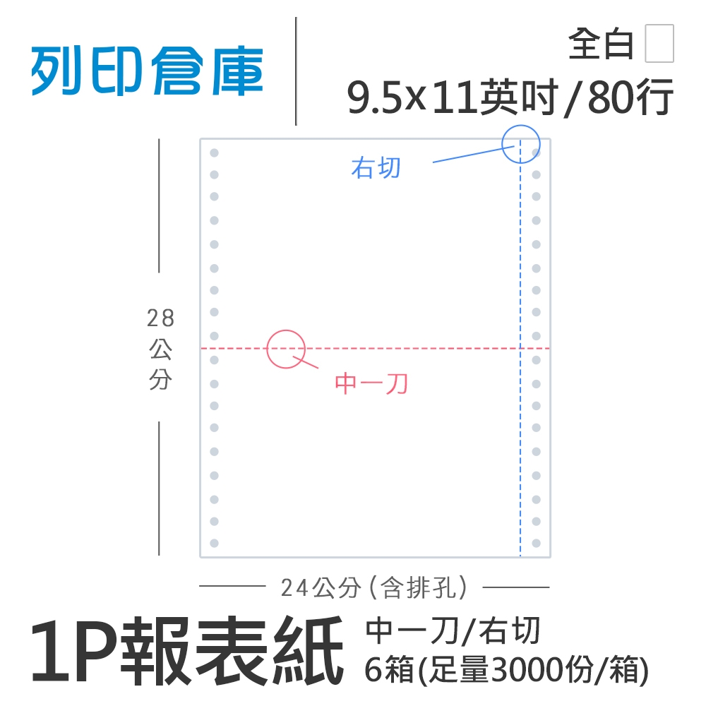 【電腦連續報表紙】 80行 9.5*11*1P 全白/ 右切 中一刀 /超值組6箱(足量3000份/箱)