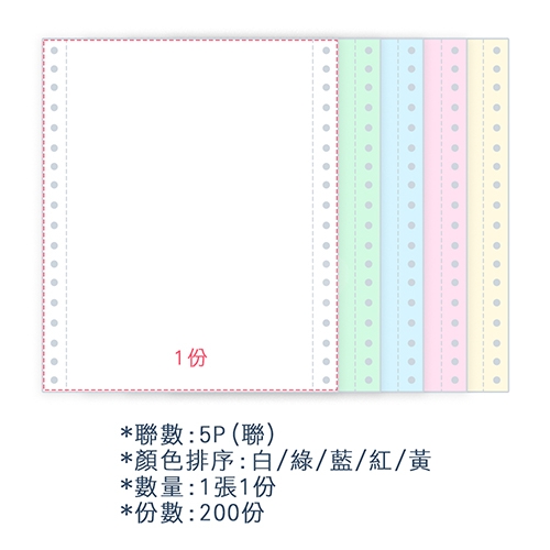 【電腦連續報表紙】 80行 9.5*11*5P 白綠藍紅黃/ 雙切 全張 /超值組6箱(足量200份)