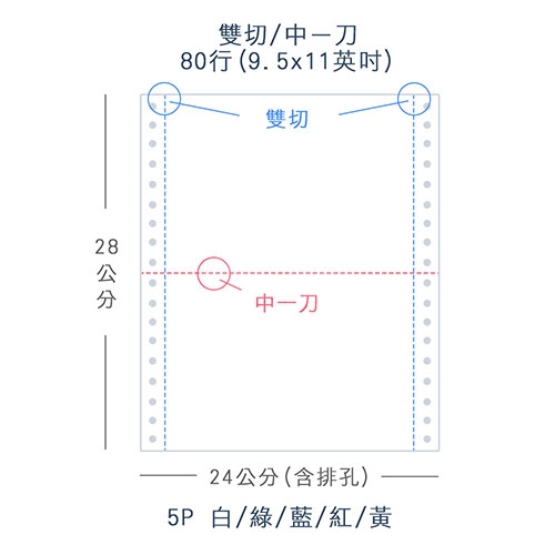 【電腦連續報表紙】 80行 9.5*11*5P 白綠藍紅黃/ 雙切 中一刀 /超值組6箱(足量400份)