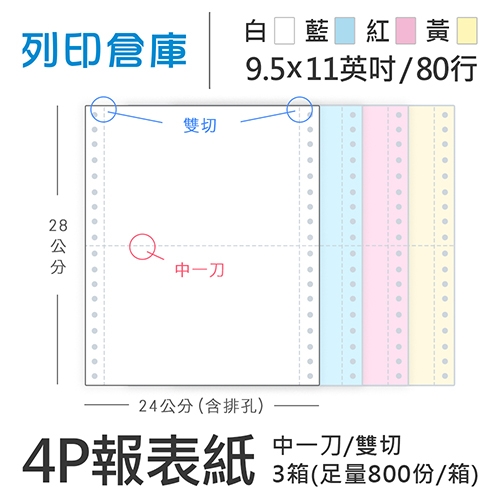 【電腦連續報表紙】 80行 9.5*11*4P 白藍紅黃/ 雙切 中一刀 /超值組3箱(足量800份/箱)