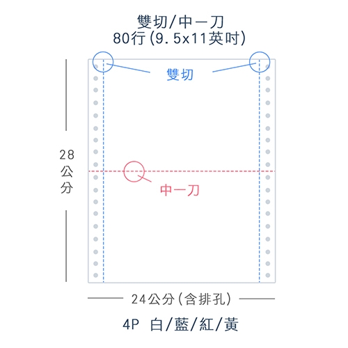 【電腦連續報表紙】 80行 9.5*11*4P 白藍紅黃/ 雙切 中一刀 /超值組3箱(足量800份/箱)