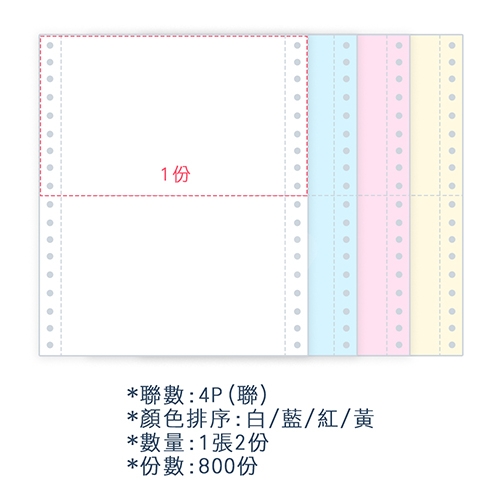 【電腦連續報表紙】 80行 9.5*11*4P 白藍紅黃/ 雙切 中一刀 /超值組3箱(足量800份/箱)