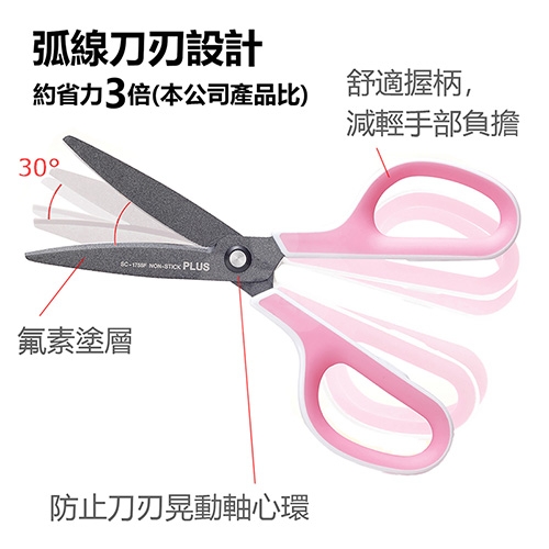 PLUS普樂士 34-765 SC-175SF 附蓋 30度 弧線剪刀 3D凹面不沾膠 - 粉紅色