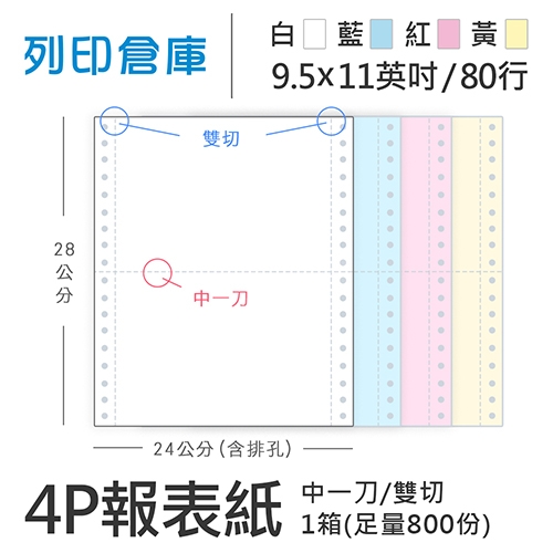 【電腦連續報表紙】 80行 9.5*11*4P 白藍紅黃/ 雙切 中一刀 /超值組1箱(足量800份)