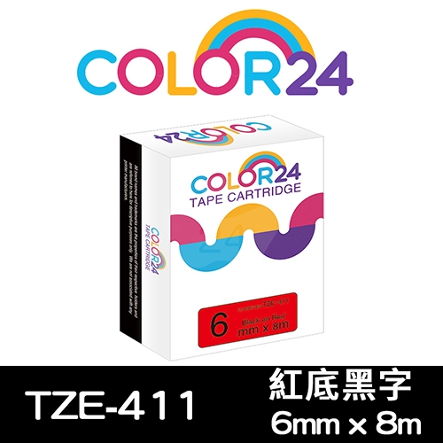 【COLOR24】for Brother TZ-411 / TZE-411 紅底黑字相容標籤帶(寬度6mm)