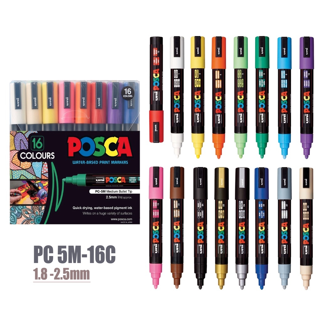 UNI三菱 POSCA PC-5M.16C 圓頭 中字丸芯 水性壓克力顏料筆 不透明水性麥克筆 - 16色 / 組