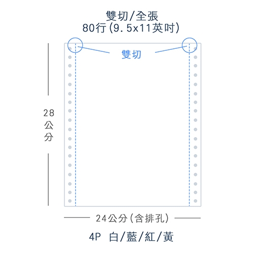 【電腦連續報表紙】 80行 9.5*11*4P 白藍紅黃/ 雙切 全張 /超值組6箱(足量400份/箱)