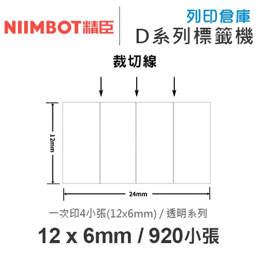 NIIMBOT精臣 D系列 H1S 適用 / 24x12mm 透明標籤帶 ( 920小張 / 1排4小張 ( 12x6mm )