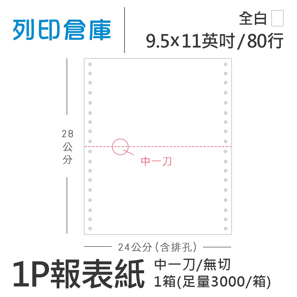 【電腦連續報表紙】 80行 9.5*11*1P 全白/ 無切 中一刀 /超值組1箱(足量3000份)