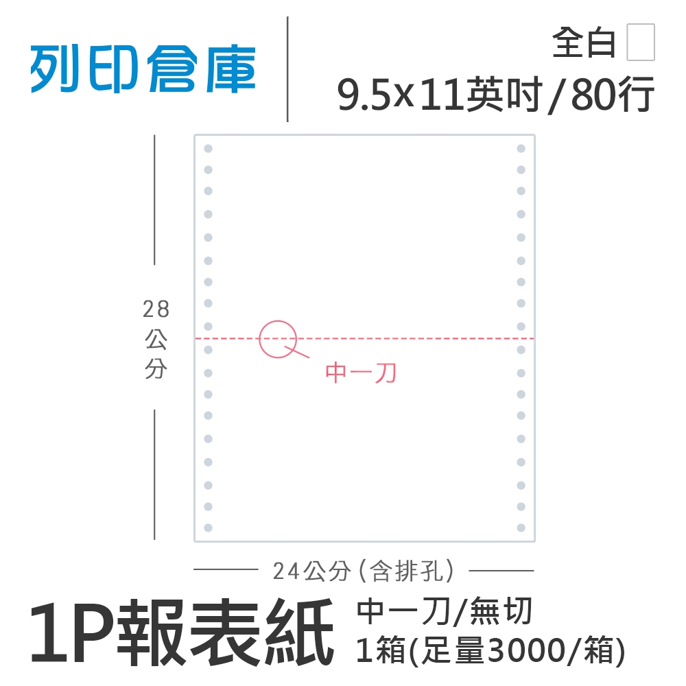 【電腦連續報表紙】 80行 9.5*11*1P 全白/ 無切 中一刀 /超值組1箱(足量3000份)