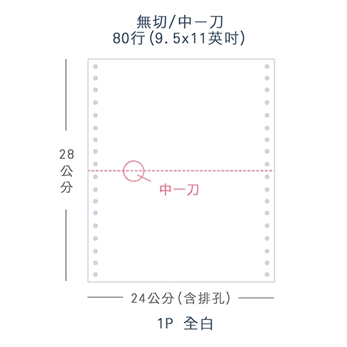 【電腦連續報表紙】 80行 9.5*11*1P 全白/ 無切 中一刀 /超值組1箱(足量3000份)