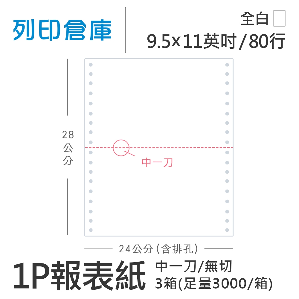 【電腦連續報表紙】80行 9.5*11*1P 全白/ 無切 中一刀 /超值組3箱(足量3000份/箱)