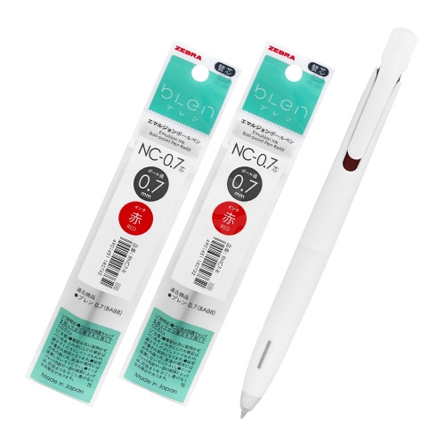 【日本文具】ZEBRA 斑馬 blen 白桿 ZEBRA 0.7按壓原子筆 1筆2芯組－紅色