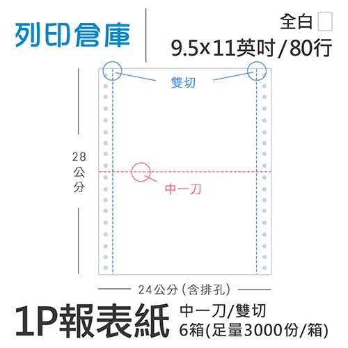 【電腦連續報表紙】 80行 9.5*11*1P 全白/ 雙切 中一刀 /超值組6箱(足量3000份/箱)