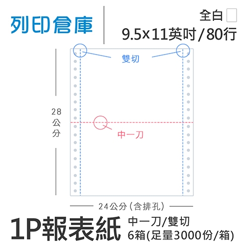 【電腦連續報表紙】80行 9.5*11*1P 全白/ 雙切 中一刀 /超值組6箱(足量3000份/箱)