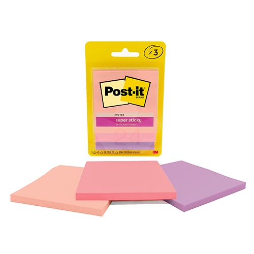 3M 3321-3SSFLA 狠粘利貼便條紙 便條貼 76 x 76mm 粉/橘/紫 3色組 (45張x3本/包)