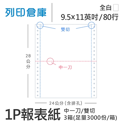 【電腦連續報表紙】80行 9.5*11*1P 全白/ 雙切 中一刀 /超值組3箱(足量3000份/箱)