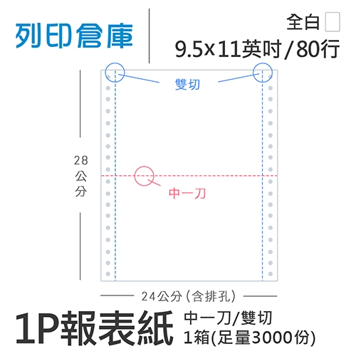 【電腦連續報表紙】 80行 9.5*11*1P 全白/ 雙切 中一刀 /超值組1箱(足量3000份)