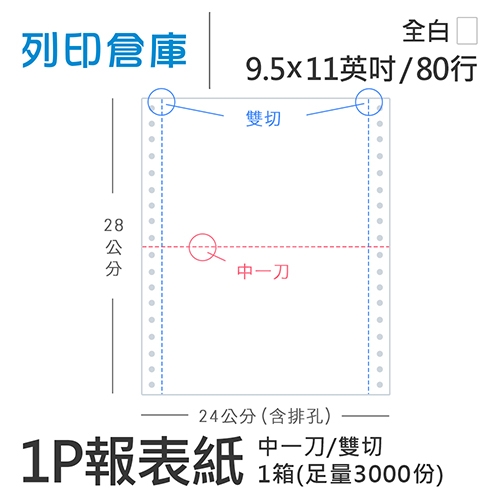 【電腦連續報表紙】80行 9.5*11*1P 全白/ 雙切 中一刀 /超值組1箱(足量3000份)