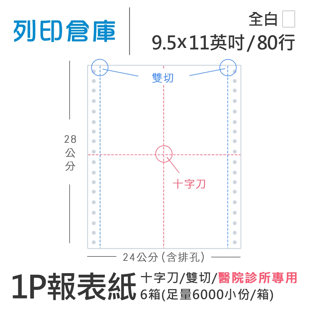 【電腦連續報表紙】醫院診所報表紙 80行 9.5*11*1P / 雙切 十字刀 / 超值組６箱 (足量6000小份/箱)