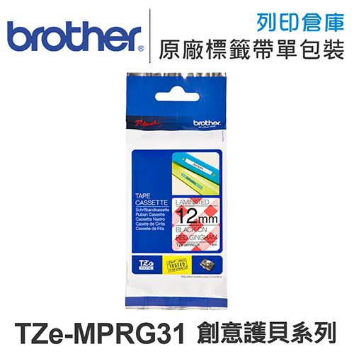 Brother TZe-MPRG31 創意護貝系列俏紅格紋紅格紋底黑字標籤帶(寬度12mm)