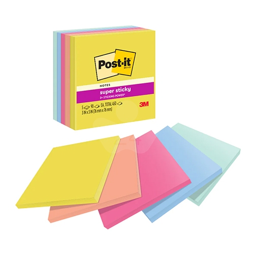 3M 654-5SSJY 狠粘利貼便條紙 便利貼 76x76mm - 90張x5本/包 (黃/橘/桃紅/粉藍/粉綠)