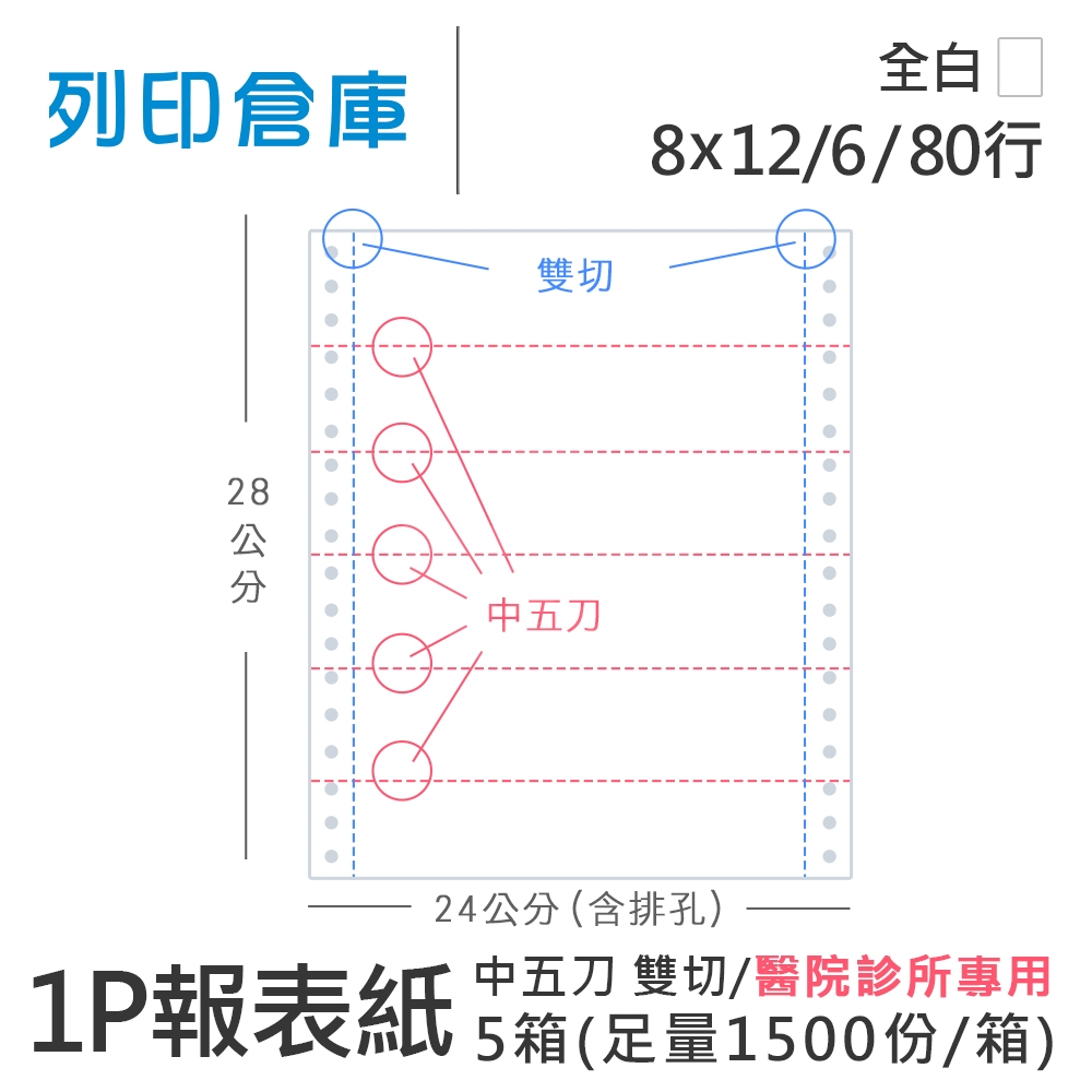 【電腦連續報表紙】中醫 醫院診所報表紙 80行 8*12/6*1P 全白 / 雙切 中五刀 / 超值組5箱  (1500份/箱)