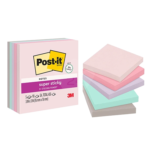 3M 654-5SSWP 狠粘利貼便條紙 便利貼 76x76mm - 90張x5本/包 (淺粉/粉紅/粉藍/粉綠/淺灰)