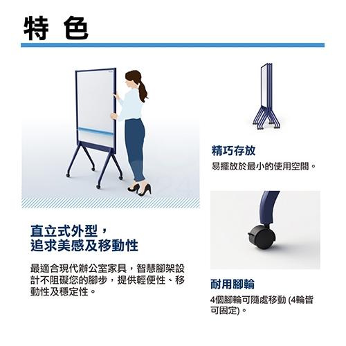PLUS普樂士 ALKB-S0912DSK-NV-EU ALKB 雙面移動式 時尚型屏風白板 海軍藍色