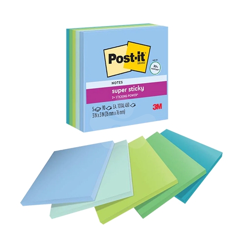 3M 654-5SSOS 狠粘利貼便條紙 便利貼 76x76mm - 90張x5本/包 (水藍/粉綠/黃綠/綠/藍)