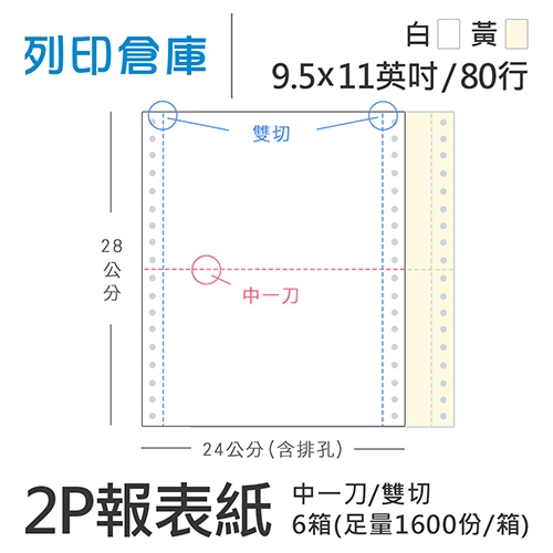 【電腦連續報表紙】 80行 9.5*11*2P 白黃/ 雙切 中一刀 /超值組6箱(足量1600份/箱)