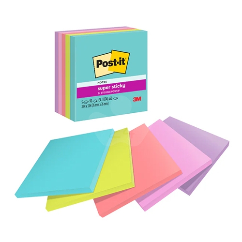 3M 654-5SSSE 狠粘利貼便條紙 便利貼 76x76mm - 90張x5本/包 (藍綠/黃綠/桃紅/粉紅/紫)
