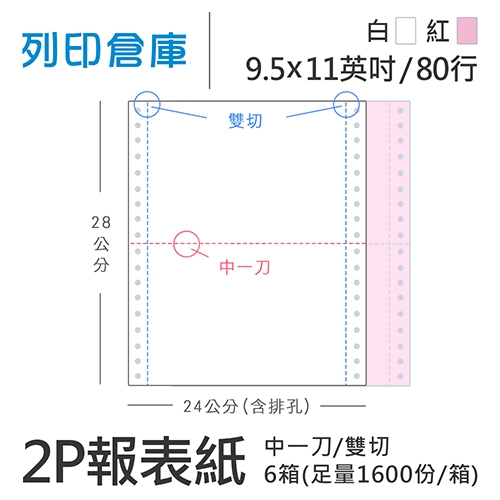 【電腦連續報表紙】 80行 9.5*11*2P 白紅/ 雙切 中一刀 /超值組6箱(足量1600份/箱)