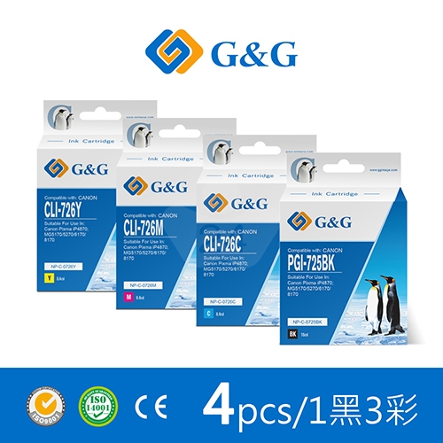 【G&G】for CANON PGI-725BK + CLI-726C／CLI-726M／CLI-726Y 相容墨水匣超值組(1黑3彩)