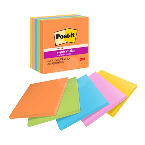 3M 654-5SSEB 狠粘利貼便條紙 便利貼 76x76mm - 90張x5本/包 (橘/綠/藍/粉紅/黃)