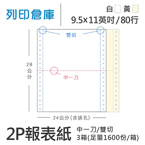 【電腦連續報表紙】 80行 9.5*11*2P 白黃/ 雙切 中一刀 /超值組3箱(足量1600份/箱)