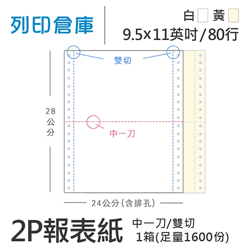 【電腦連續報表紙】 80行 9.5*11*2P 白黃/ 雙切 中一刀 /超值組1箱(足量1600份)