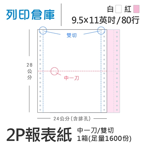 【電腦連續報表紙】 80行 9.5*11*2P 白紅/ 雙切 中一刀 /超值組1箱(足量1600份)