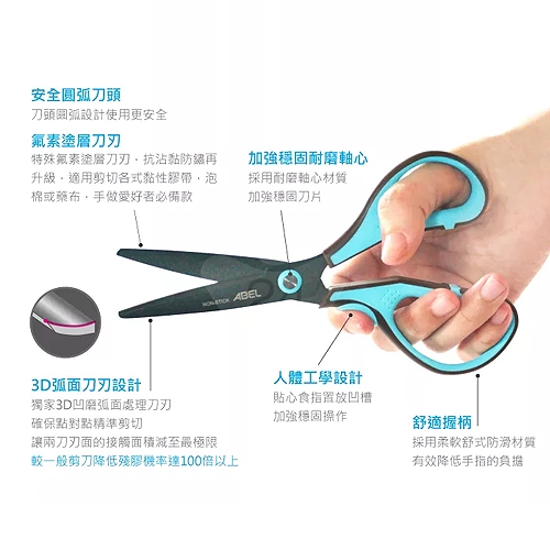 ABEL力大牌 NO.60061-BL 7吋 3D魔利剪-氟素防沾粘剪刀 藍色 1支