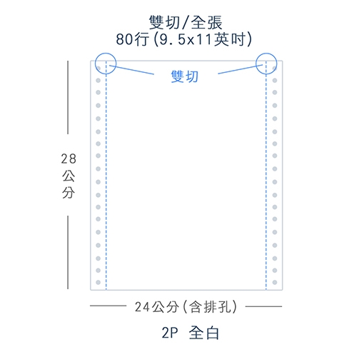【電腦連續報表紙】 80行 9.5*11*2P 全白/ 雙切 全張 /超值組1箱(足量800份)