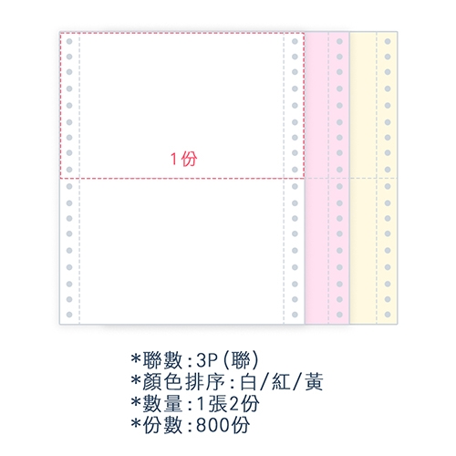 【電腦連續報表紙】80行 9.5*11*3P 白紅黃 / 雙切 中一刀 /超值組6箱(足量800份/箱)