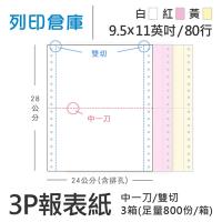 【電腦連續報表紙】 80行 9.5*11*3P 白紅黃/ 雙切 中一刀 /超值組3箱(足量800份/箱)