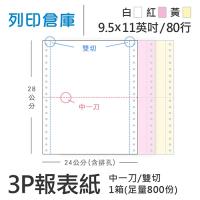 【電腦連續報表紙】 80行 9.5*11*3P 白紅黃/ 雙切 中一刀 /超值組1箱(足量800份)