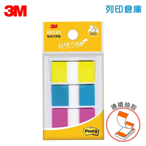 3M 683-3C 利貼可再貼 連續抽取式 寬版指示標籤貼44x21mm (10張x3色)