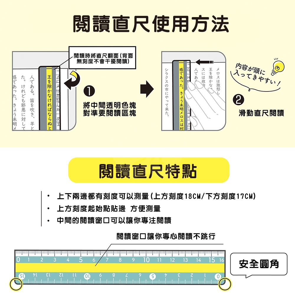 【日本文具】KUTSUWA KB034PK Mojisashi 18cm專心閱讀專用直尺－粉色