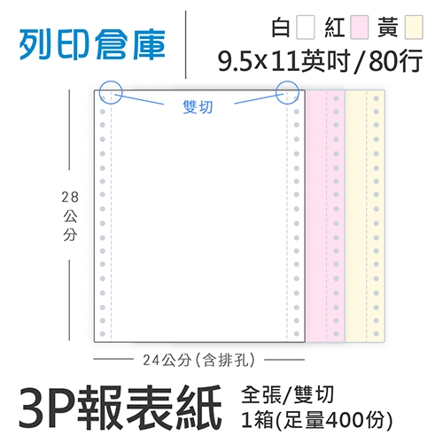 【電腦連續報表紙】 80行 9.5*11*3P 白紅黃/ 雙切 全張 /超值組1箱(足量400份)