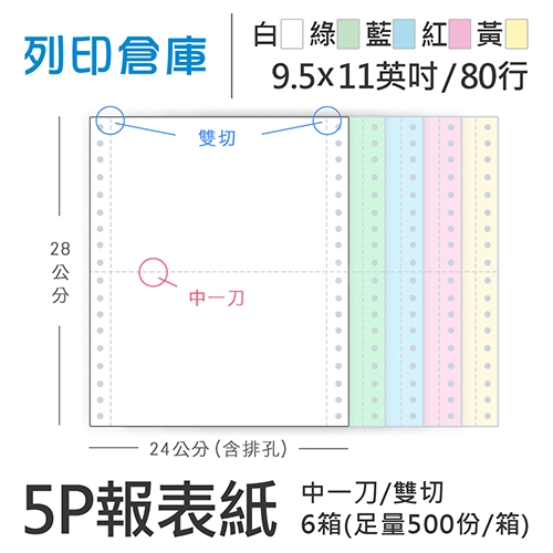 【電腦連續報表紙】 80行 9.5*11*5P 白綠藍紅黃/ 雙切 中一刀 /超值組6箱(足量500份/箱)