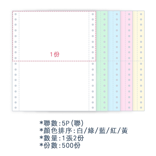 【電腦連續報表紙】 80行 9.5*11*5P 白綠藍紅黃/ 雙切 中一刀 /超值組3箱(足量500份/箱)